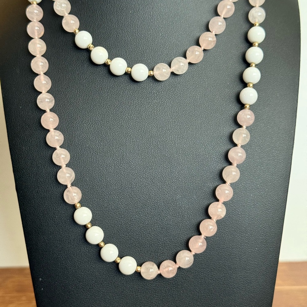 Rose Quartz and White Milk Glass Necklace - Picture 8 of 10